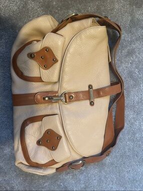 Aqua Madonna Cream and Tan Leather Satchel with Front Buckle